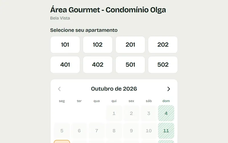 Tela da reserva da área gourmet
